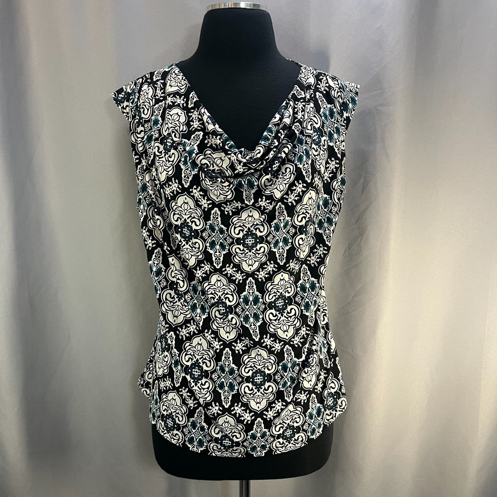 Aria Blouse Top Womens Large Black White Stretch Geometric Print Sleeveless